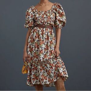 Love The Label Midi Dress Cream Orange Floral Puff Sleeve - Small‎